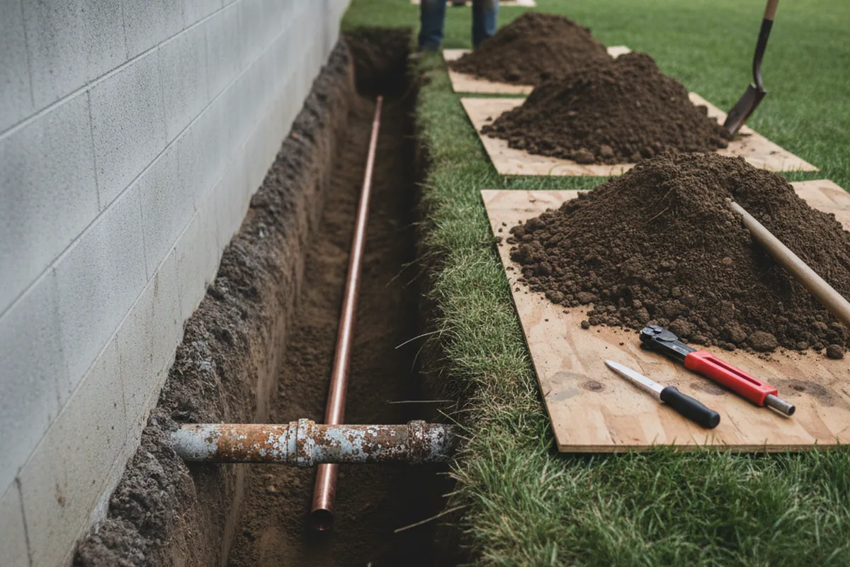 Excavated water line trench during Water Softener Installation in Panama City